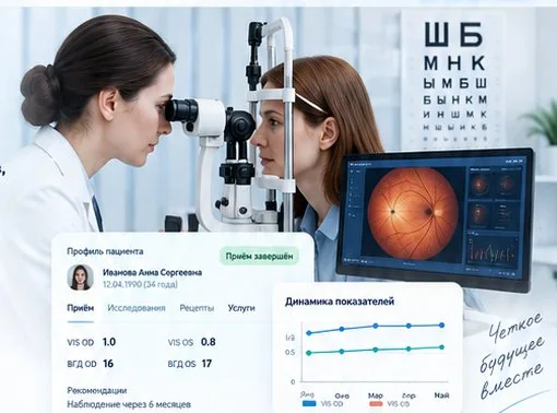 Офтальмологический приём: врач работает с результатами обследования и данными пациента